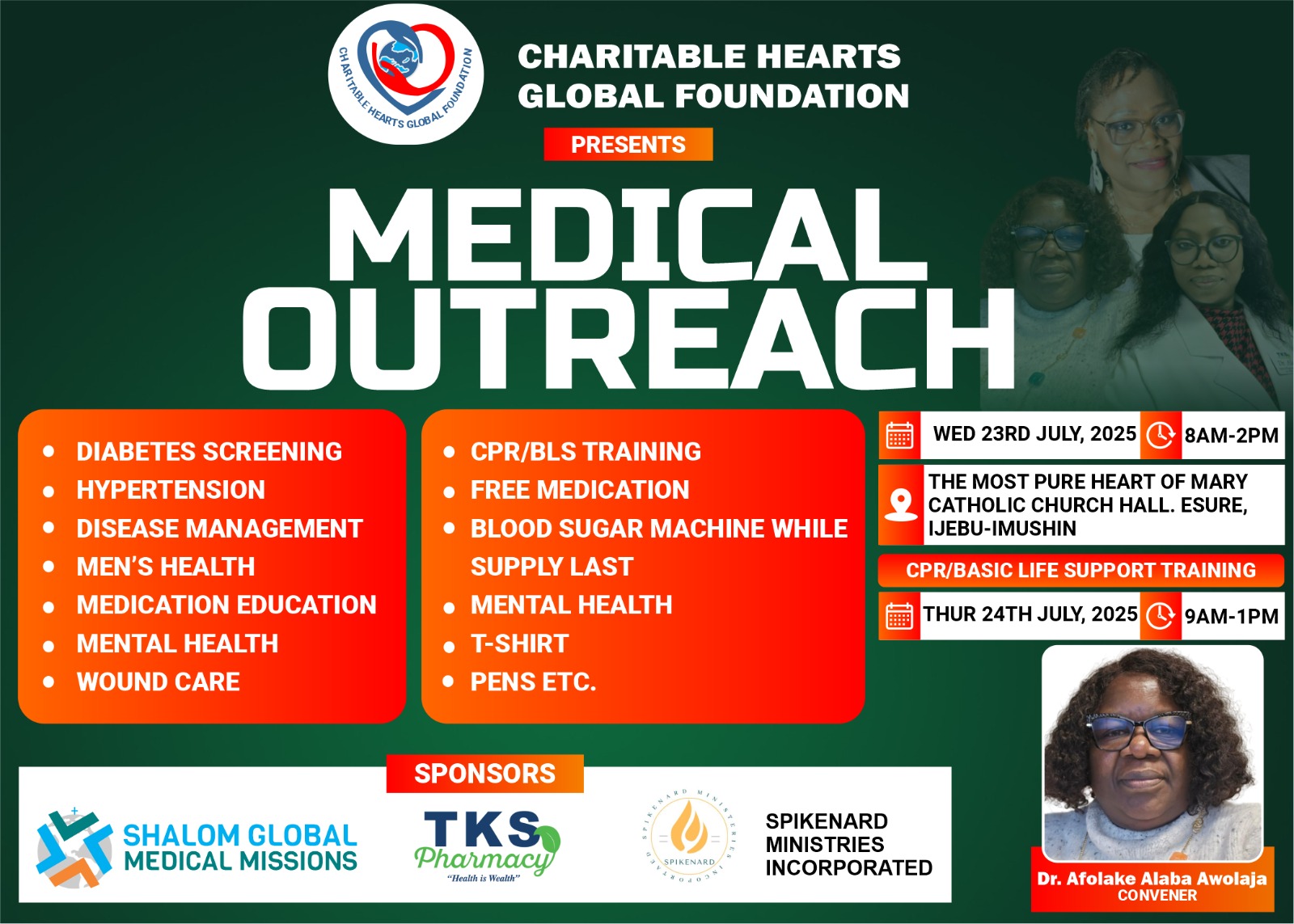 Charitable Hearts Global Foundation Medical Outreach event flyer — diabetes screening, hypertension care, CPR training, free medication, and more